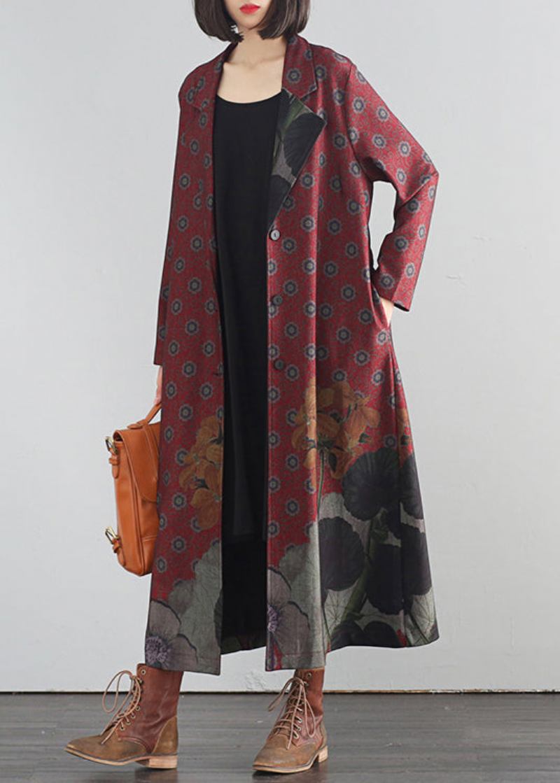 Elegante Rote V-ausschnitt Print Button Maxi Trenchcoats Herbst - Rot