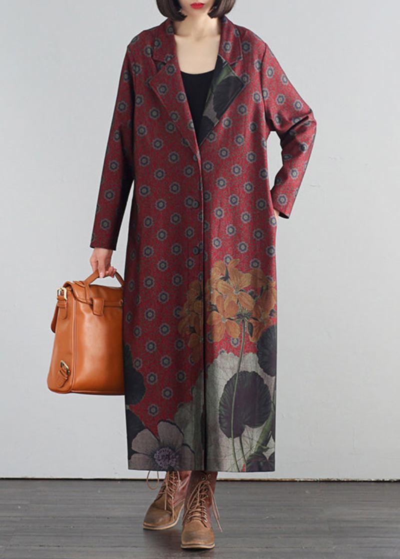 Elegante Rote V-ausschnitt Print Button Maxi Trenchcoats Herbst - Rot