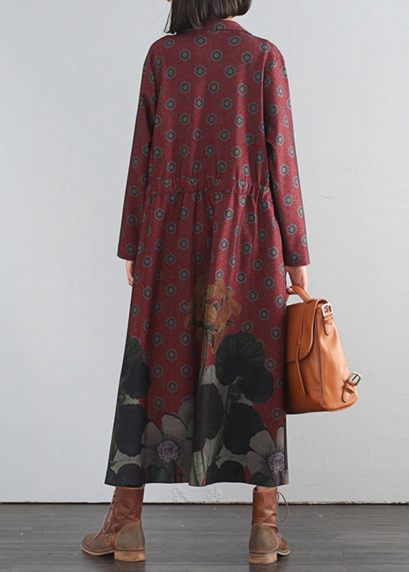 Elegante Rote V-ausschnitt Print Button Maxi Trenchcoats Herbst - Rot