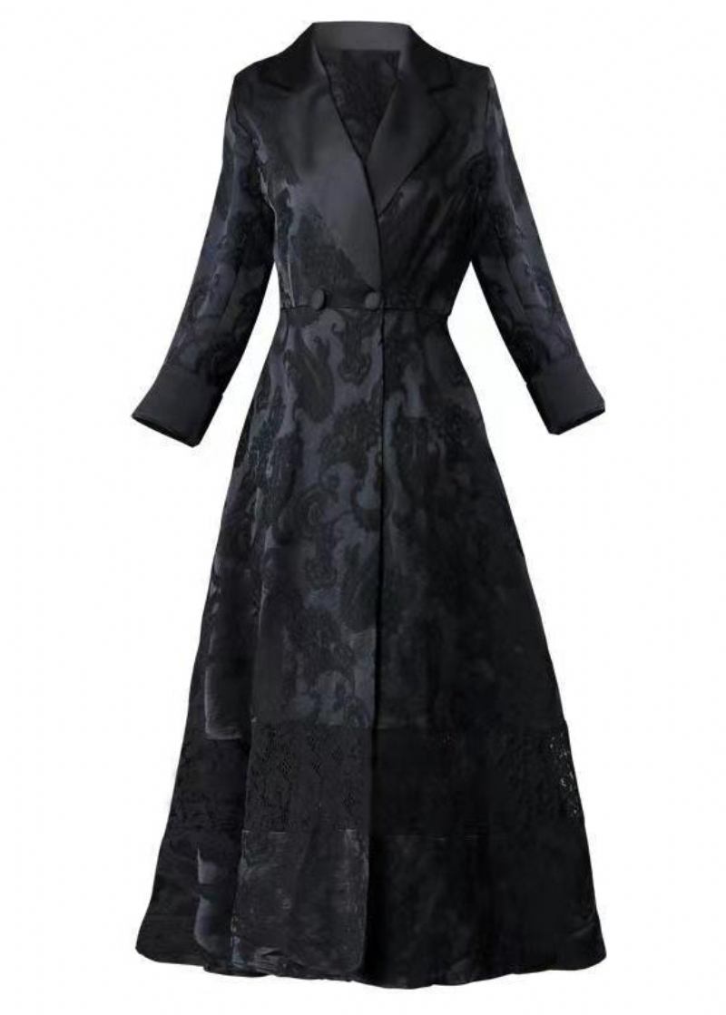 Elegante Schwarz Aushöhlen Jacquard Taschen Baumwolle Trenchcoat Herbst - Damen-Trenchcoats