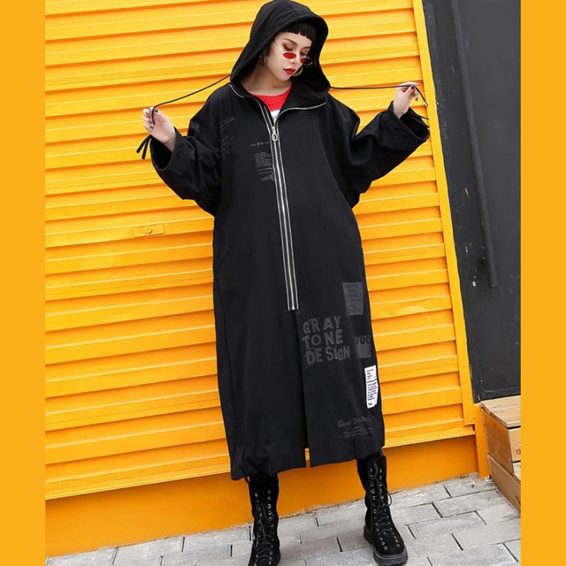 Elegante Schwarze Mäntel Plus Größe Mit Kapuze Mantel Mode Reißverschluss Kordelzug Lange Jacken - Damen-Trenchcoats