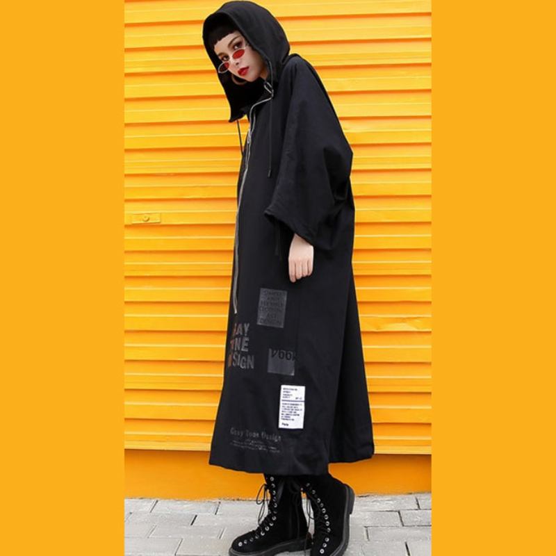 Elegante Schwarze Mäntel Plus Größe Mit Kapuze Mantel Mode Reißverschluss Kordelzug Lange Jacken - Damen-Trenchcoats