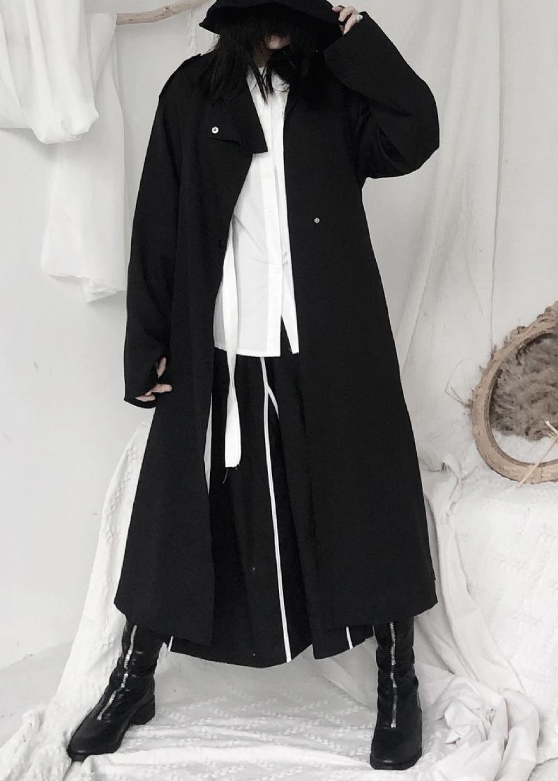 Elegante Schwarze Stehkragen Krawatte Taille Knopf Trenchcoats Langarm