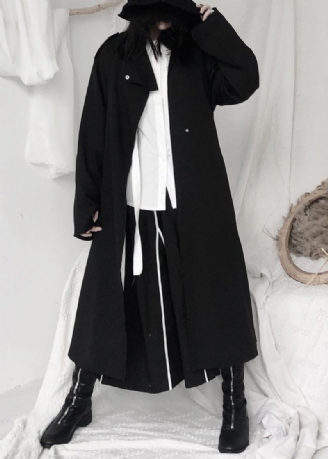 Elegante Schwarze Stehkragen Krawatte Taille Knopf Trenchcoats Langarm