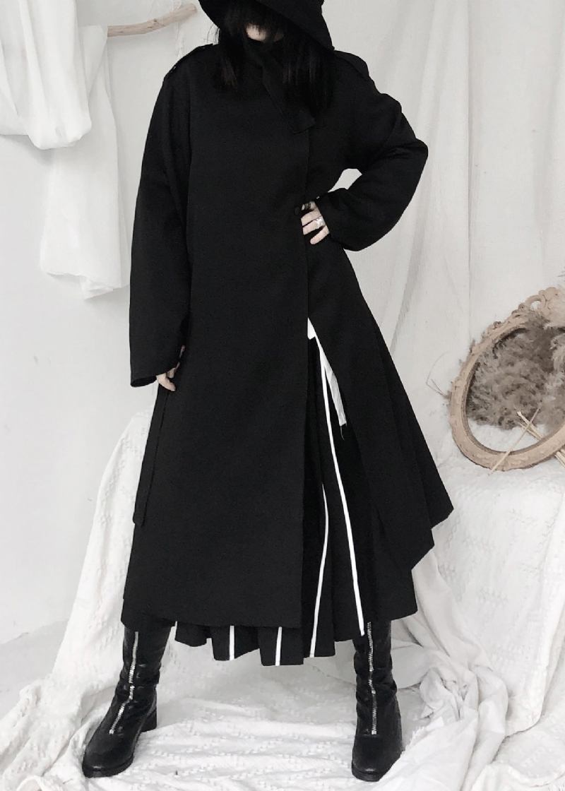 Elegante Schwarze Stehkragen Krawatte Taille Knopf Trenchcoats Langarm - Damen-Trenchcoats