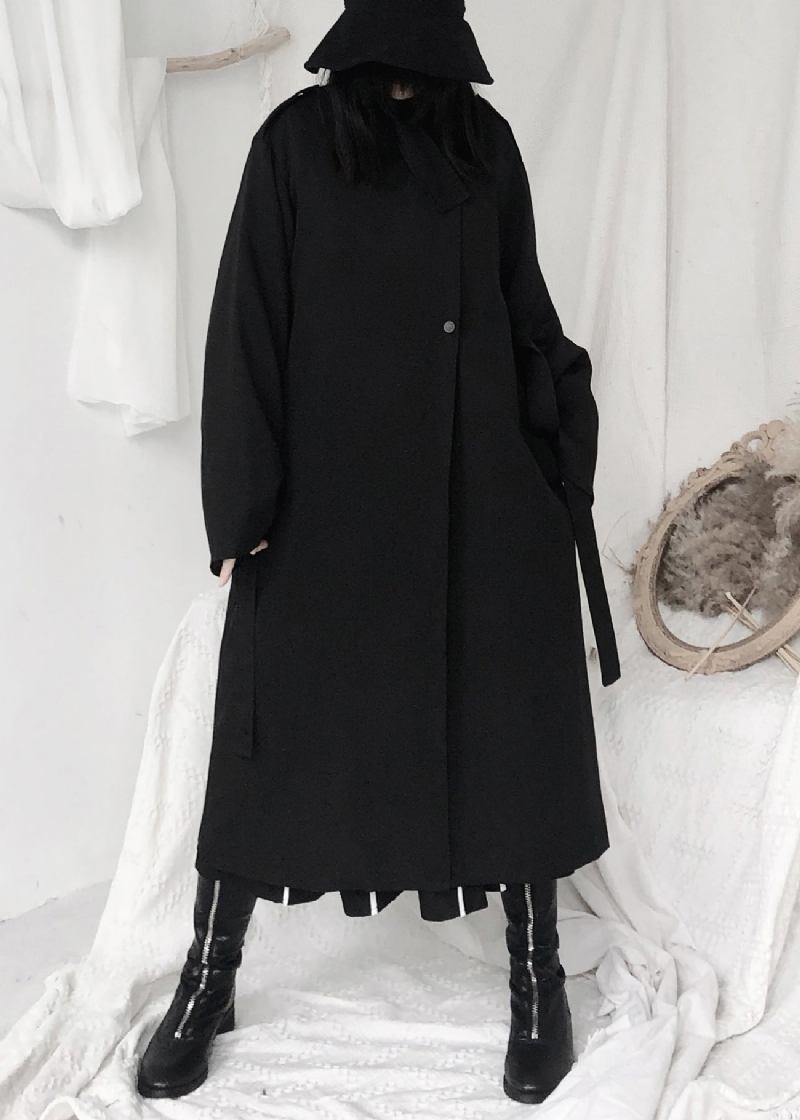 Elegante Schwarze Stehkragen Krawatte Taille Knopf Trenchcoats Langarm - Damen-Trenchcoats