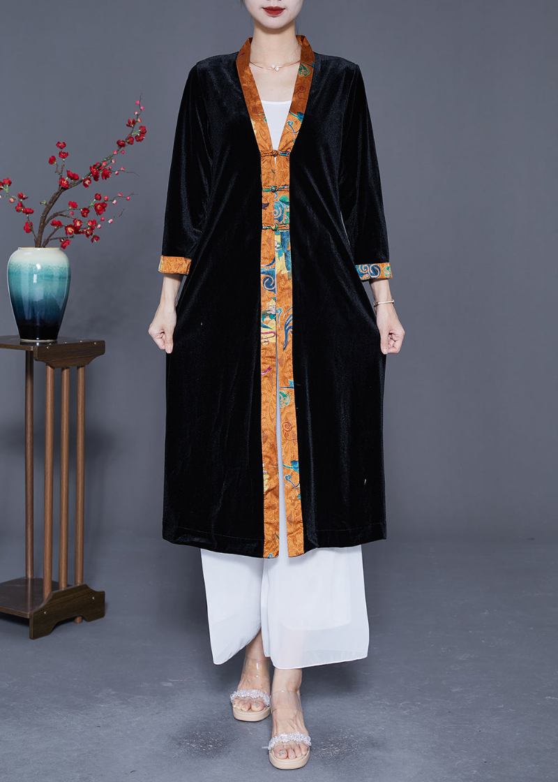 Elegante Schwarze V-ausschnitt Patchwork Chinesische Knopf Seide Velour Trenchcoats Frühling