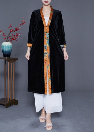 Elegante Schwarze V-ausschnitt Patchwork Chinesische Knopf Seide Velour Trenchcoats Frühling