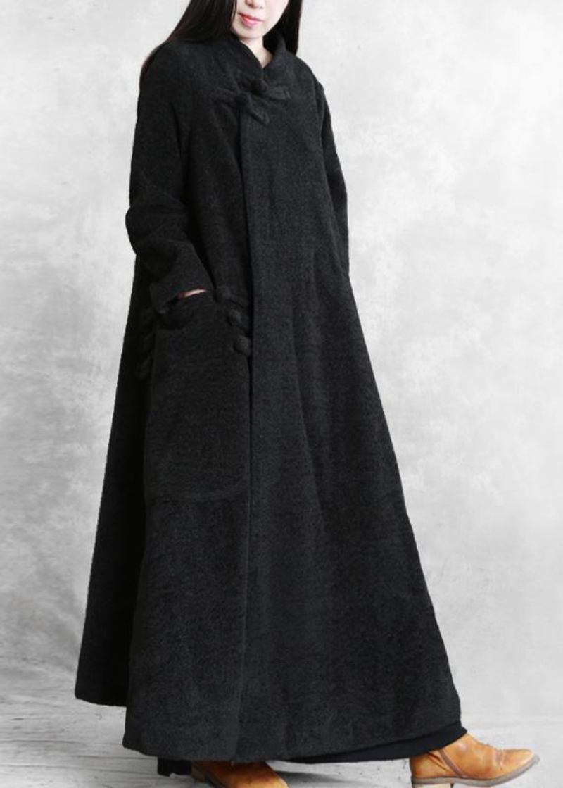 Elegante Schwarze Wolloberbekleidung In Übergröße Mit Stehkragen Und Asymmetrischem Langem Mantel - Damen-Trenchcoats