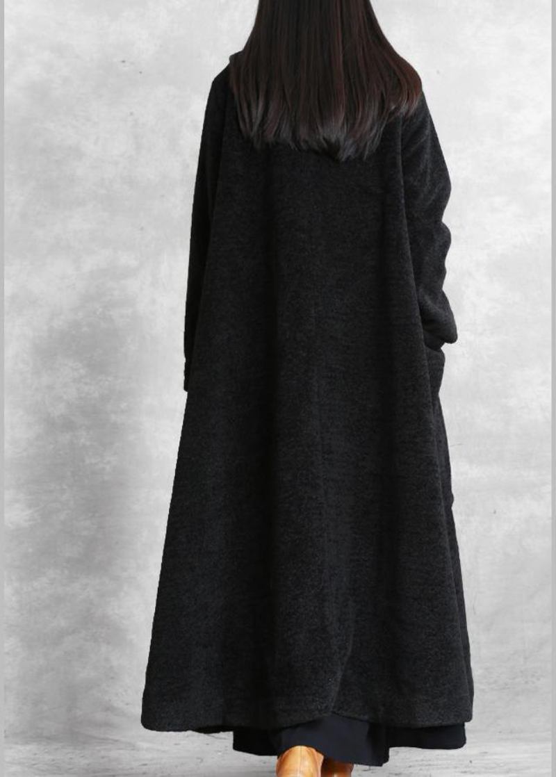 Elegante Schwarze Wolloberbekleidung In Übergröße Mit Stehkragen Und Asymmetrischem Langem Mantel - Damen-Trenchcoats