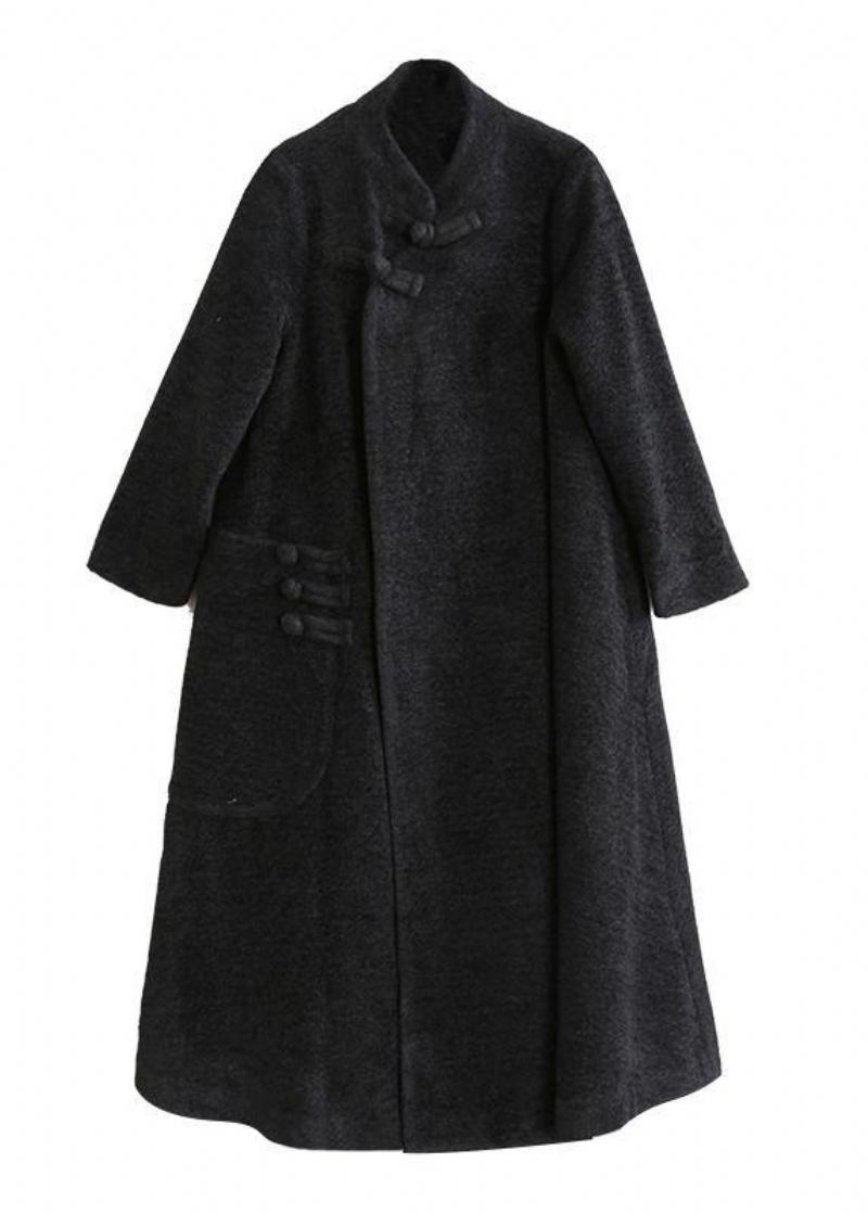 Elegante Schwarze Wolloberbekleidung In Übergröße Mit Stehkragen Und Asymmetrischem Langem Mantel - Damen-Trenchcoats