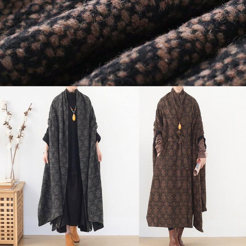 Elegante Übergroße Mittellange Mäntel Winter Braun Fledermausärmel V-ausschnitt Wolloberbekleidung - Damen-Trenchcoats