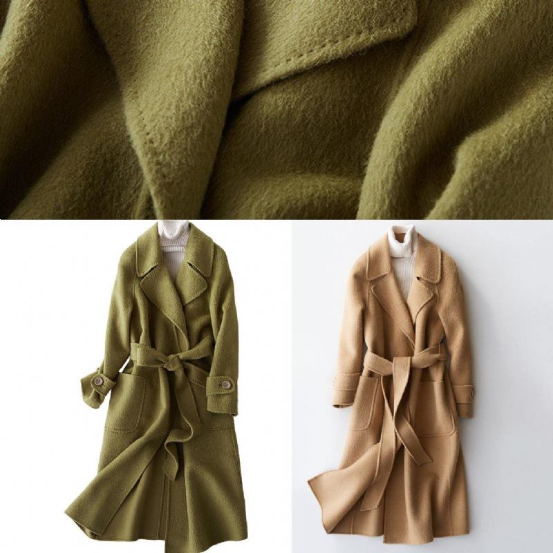 Elegante Übergrößenkleidung Lange Jacken Reverskragen Damenmäntel Khakifarbener Wollmantel Mit Taillenbund - Damen-Trenchcoats