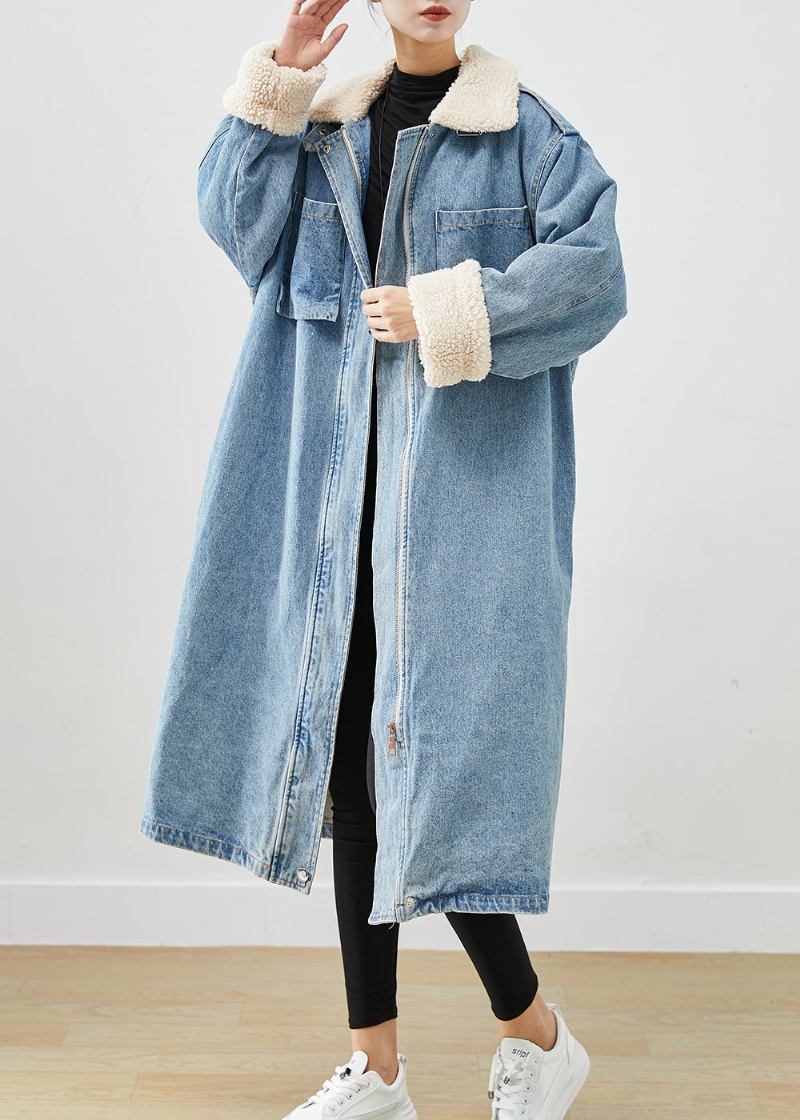 Eleganter Blauer Übergroßer Taschen Fleece-wolle Gefütterter Denim-trenchcoat Für Den Herbst