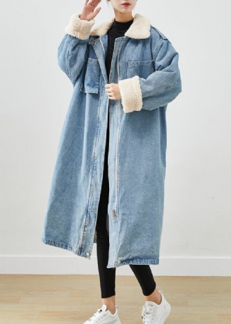 Eleganter Blauer Übergroßer Taschen Fleece-wolle Gefütterter Denim-trenchcoat Für Den Herbst