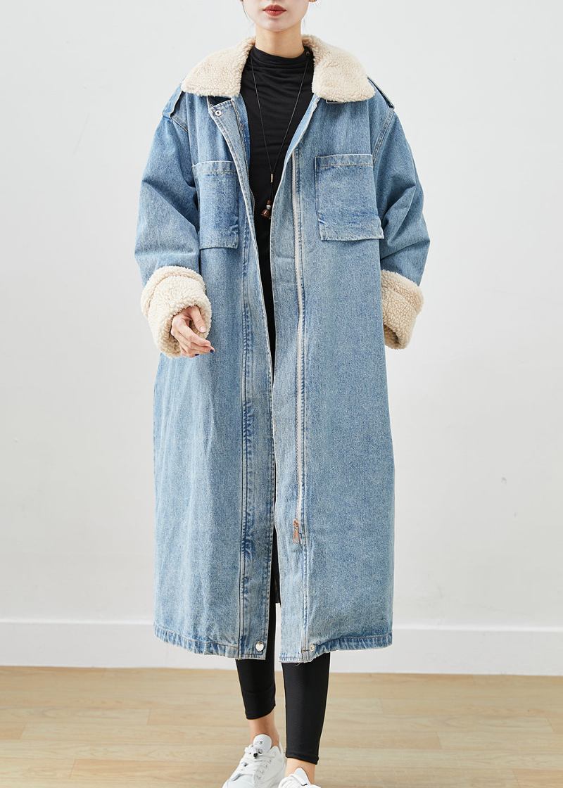 Eleganter Blauer Übergroßer Taschen Fleece-wolle Gefütterter Denim-trenchcoat Für Den Herbst - Damen-Trenchcoats