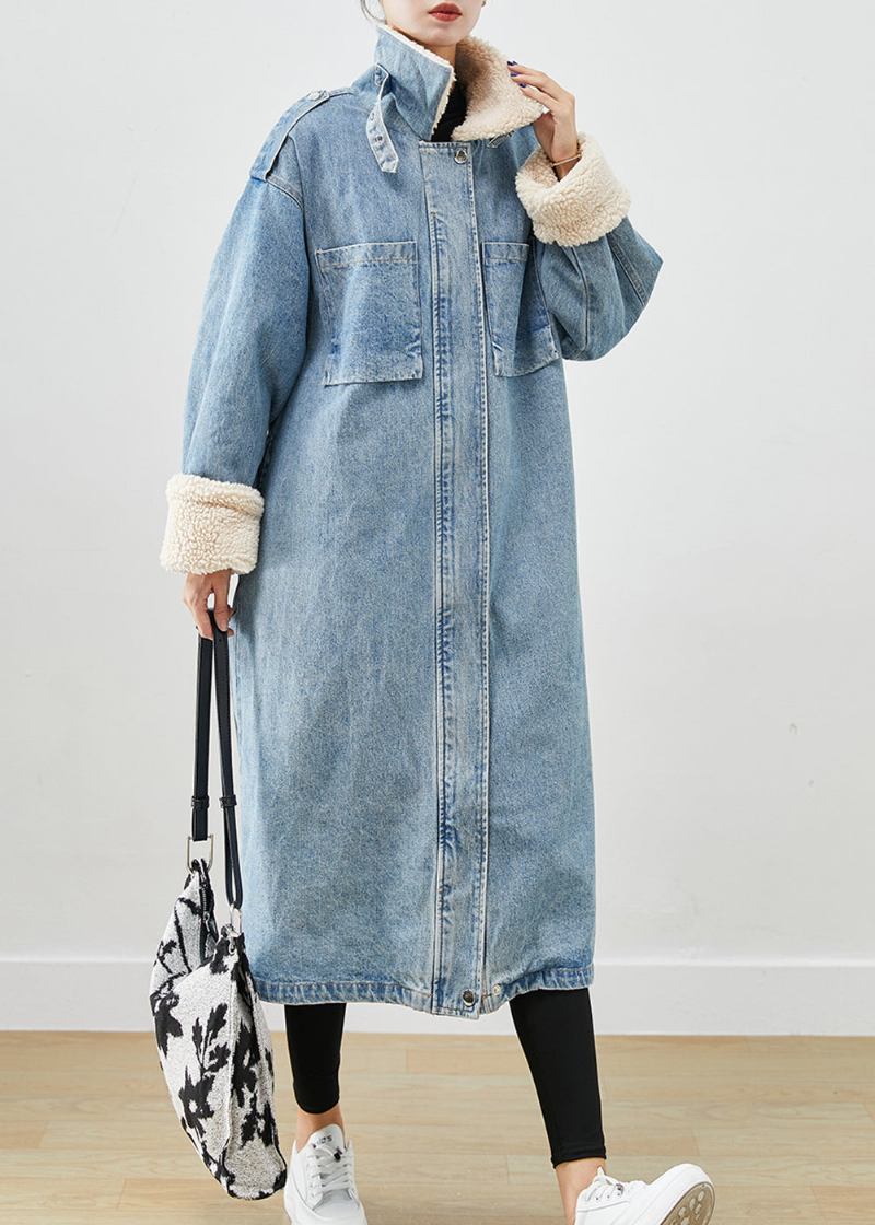 Eleganter Blauer Übergroßer Taschen Fleece-wolle Gefütterter Denim-trenchcoat Für Den Herbst - Damen-Trenchcoats