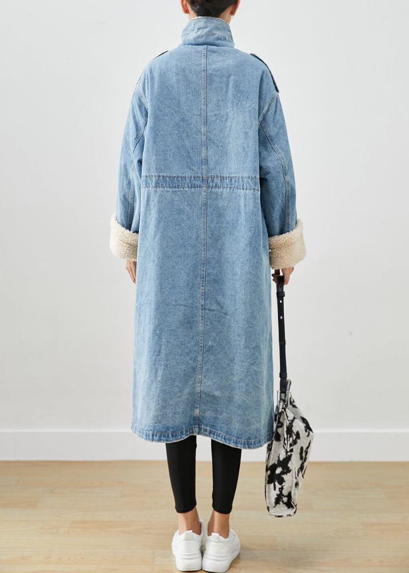 Eleganter Blauer Übergroßer Taschen Fleece-wolle Gefütterter Denim-trenchcoat Für Den Herbst - Damen-Trenchcoats