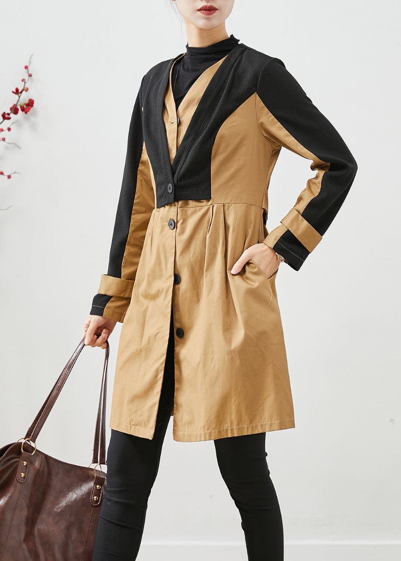 Eleganter Color Block Slim Fit Patchwork Baumwoll Trenchcoat Herbst - Damen-Trenchcoats