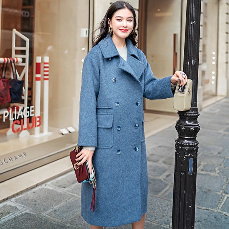 Eleganter Graublauer Wollmantel In Übergröße Mit Gekerbten Modetaschen Zweireihiger - Damen-Trenchcoats