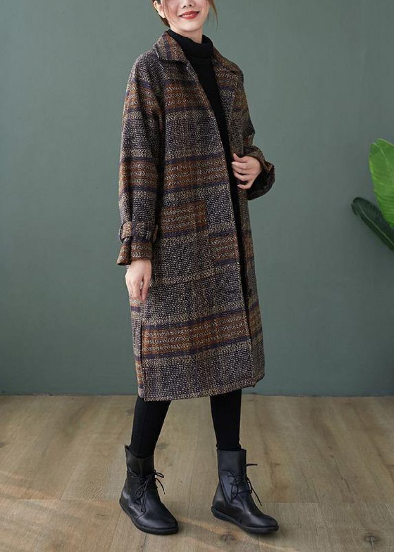 Eleganter Karierter Feiner Maximantel Formrevers Seitlich Offene Mäntel - Damen-Trenchcoats