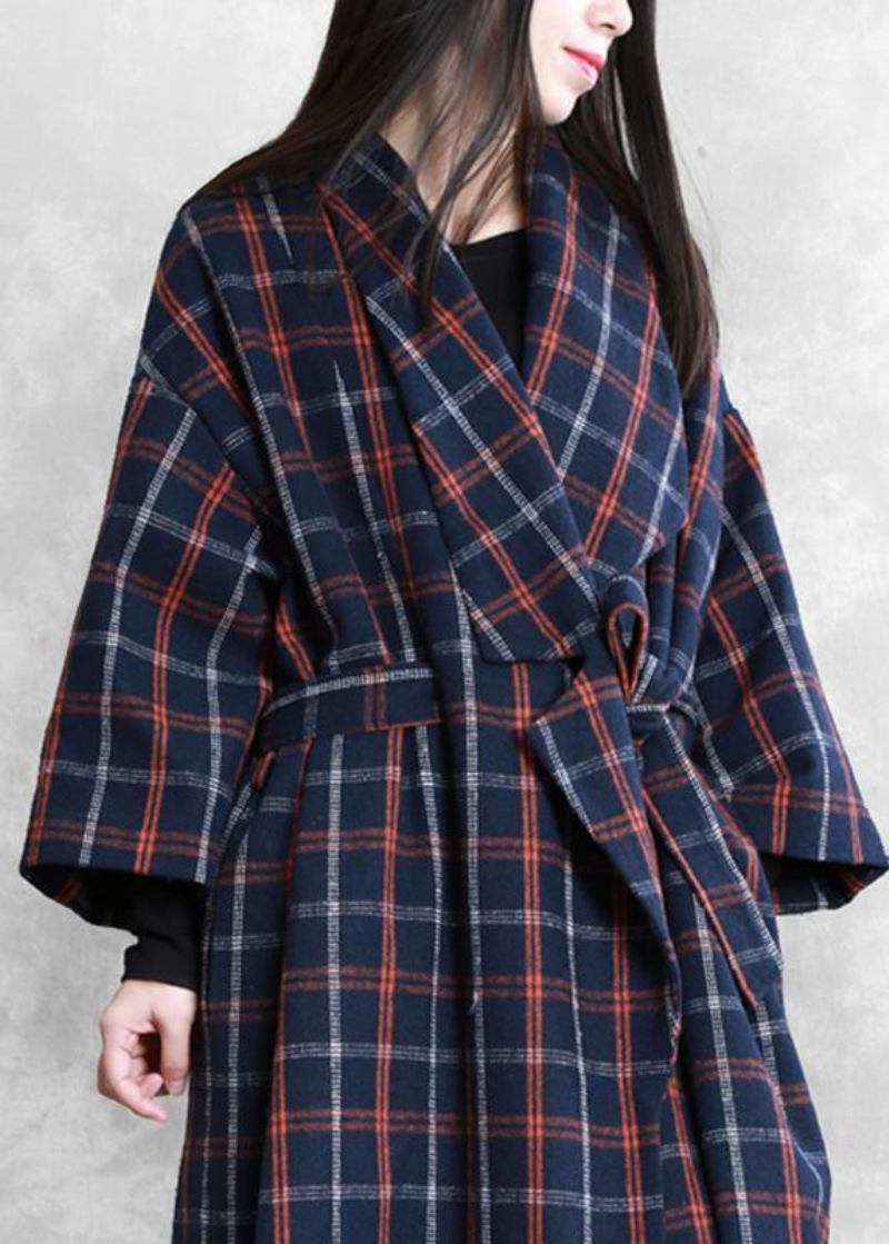 Eleganter Mantel In Übergröße Blau Kariert Wollmantel Mit Taillengürtel Für Damen - Damen-Trenchcoats