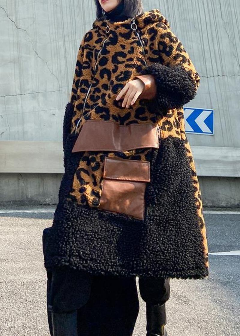 Eleganter Schokoladen-leoparden-wollmantel Damen-wintermantel Mit Kapuze Und Reißverschluss - Damen-Trenchcoats