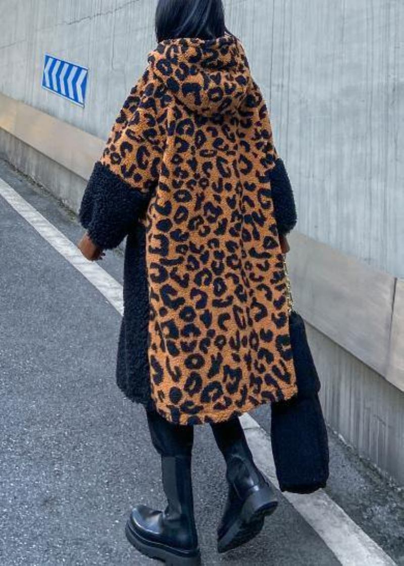 Eleganter Schokoladen-leoparden-wollmantel Damen-wintermantel Mit Kapuze Und Reißverschluss - Damen-Trenchcoats