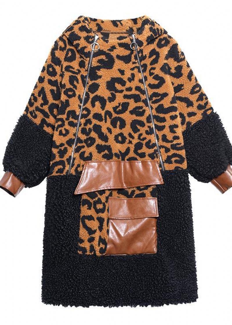 Eleganter Schokoladen-leoparden-wollmantel Damen-wintermantel Mit Kapuze Und Reißverschluss - Damen-Trenchcoats