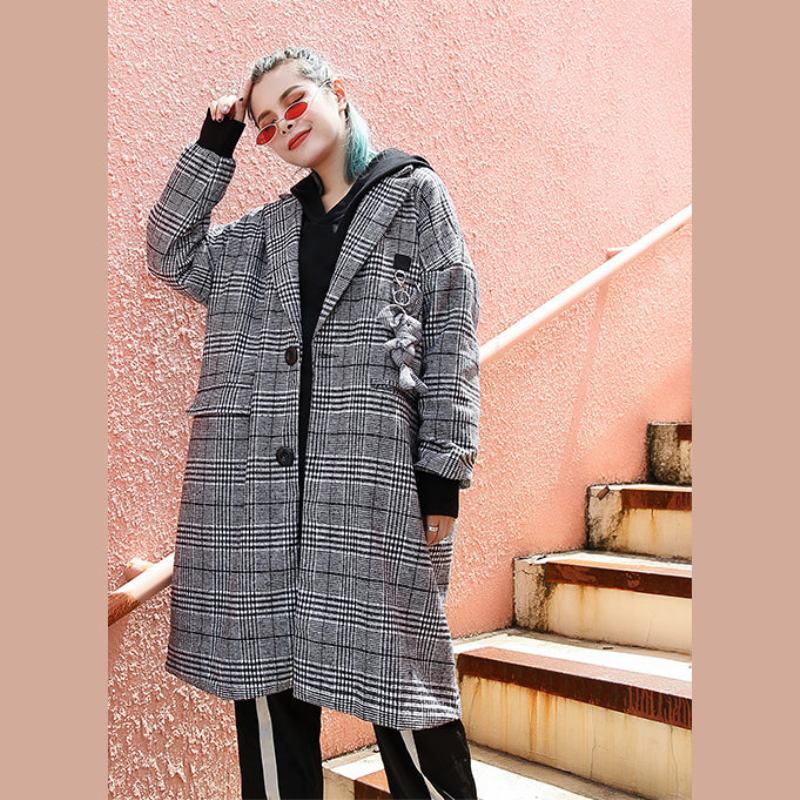 Eleganter Schwarzer Karierter Maximantel Lässiger Langer Mantel Mit Einkerbung Modischer Mit Reißverschluss - Damen-Trenchcoats