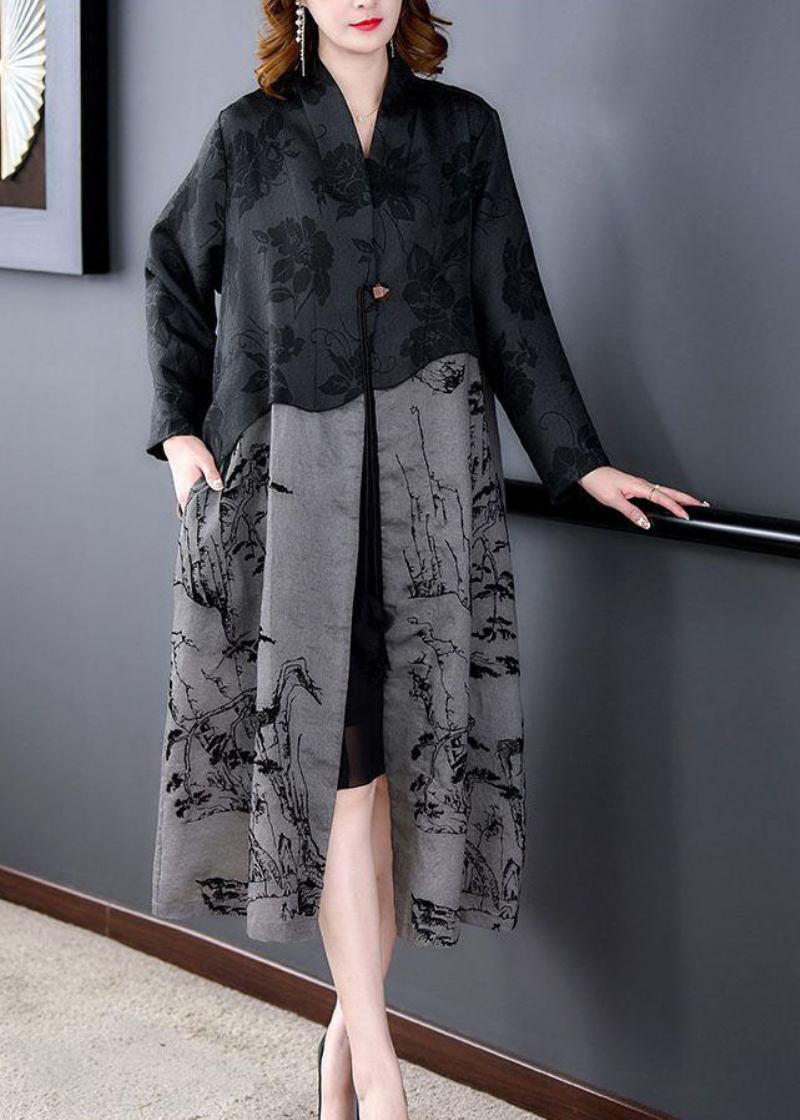 Eleganter Schwarzer Trenchcoat Aus Seide Mit Patchwork-print Und Quasten Für Den Frühling - Damen-Trenchcoats