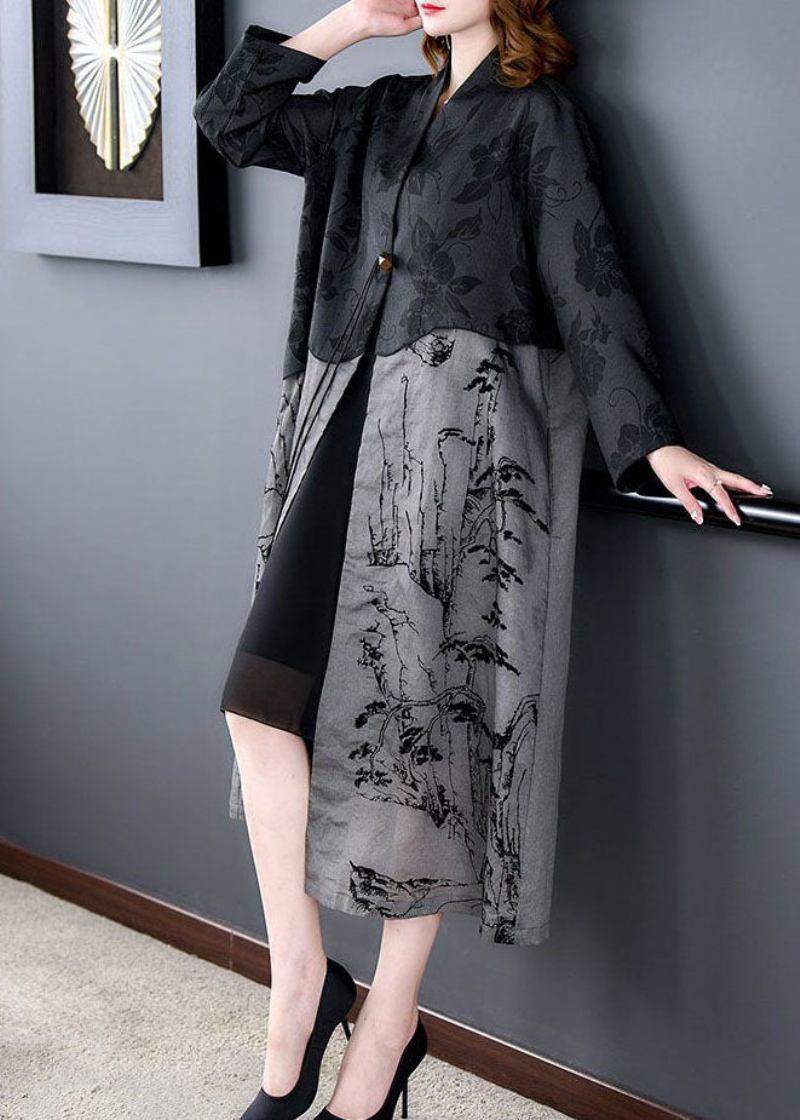 Eleganter Schwarzer Trenchcoat Aus Seide Mit Patchwork-print Und Quasten Für Den Frühling - Damen-Trenchcoats