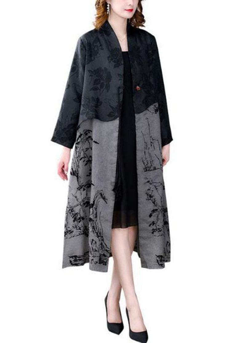 Eleganter Schwarzer Trenchcoat Aus Seide Mit Patchwork-print Und Quasten Für Den Frühling - Damen-Trenchcoats