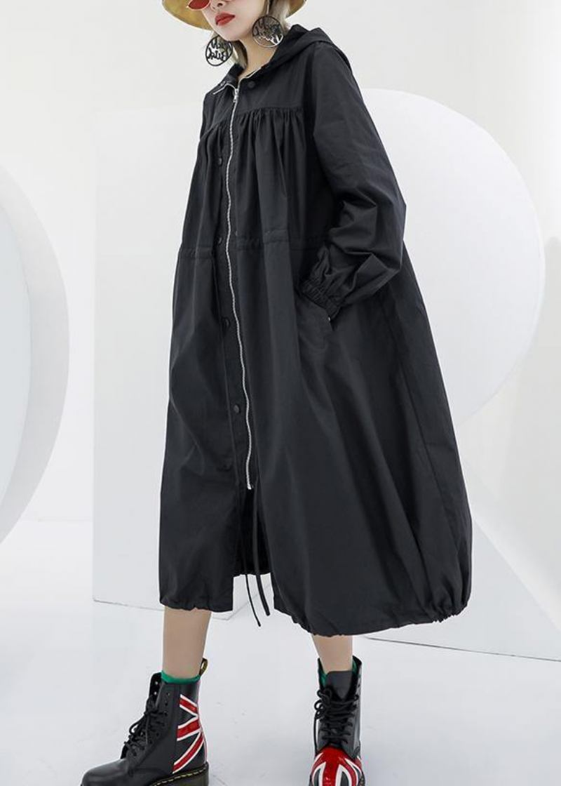 Eleganter Schwarzer Übergroßer Maximantel Mit Kapuze Und Taschen - Damen-Trenchcoats