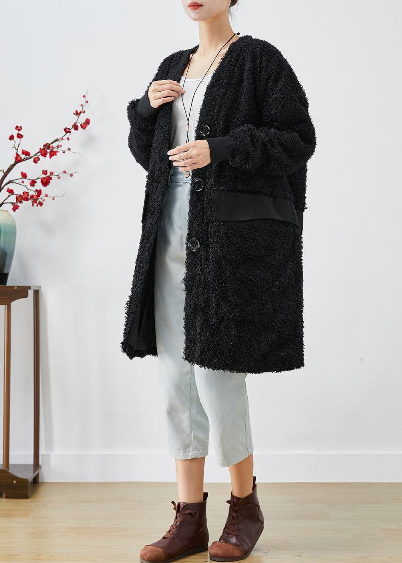 Eleganter Schwarzer Übergroßer Patchwork-kunstpelz-teddymantel Für Den Herbst - Damen-Trenchcoats