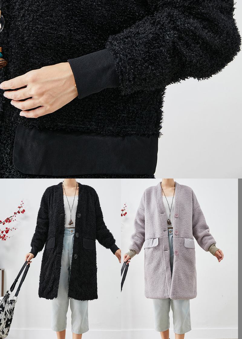 Eleganter Schwarzer Übergroßer Patchwork-kunstpelz-teddymantel Für Den Herbst - Damen-Trenchcoats