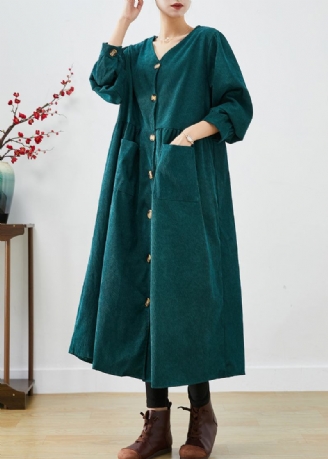 Eleganter Schwarzgrüner Übergroßer Cord-trenchcoat Mit Taschen Für Den Herbst