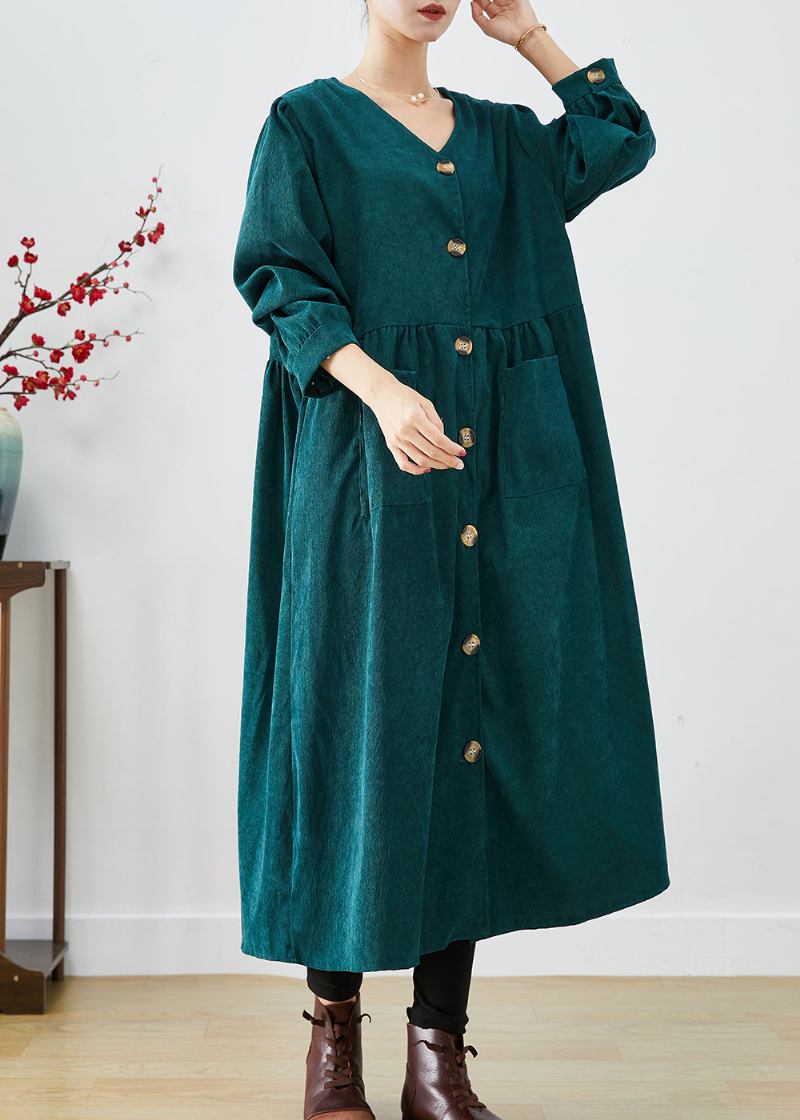 Eleganter Schwarzgrüner Übergroßer Cord-trenchcoat Mit Taschen Für Den Herbst - Damen-Trenchcoats