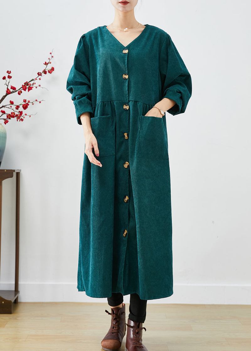 Eleganter Schwarzgrüner Übergroßer Cord-trenchcoat Mit Taschen Für Den Herbst - Damen-Trenchcoats