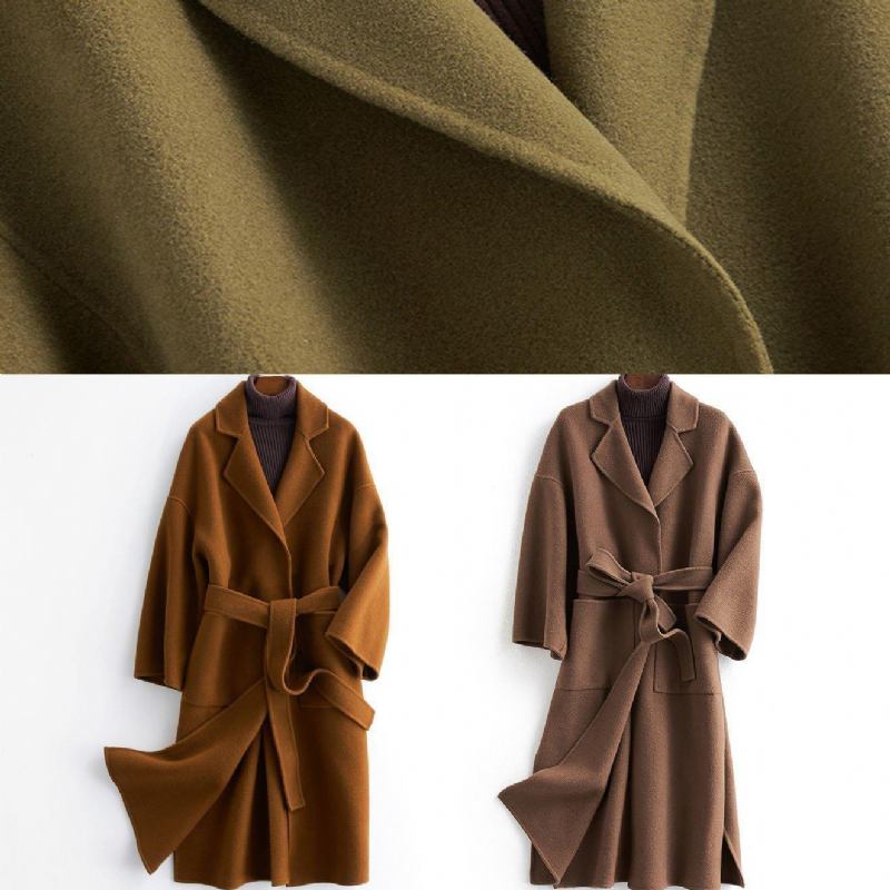 Feine Locker Sitzende Lange Mantel Krawatte Taille Grün Gekerbte Woll-oberbekleidung - Damen-Trenchcoats