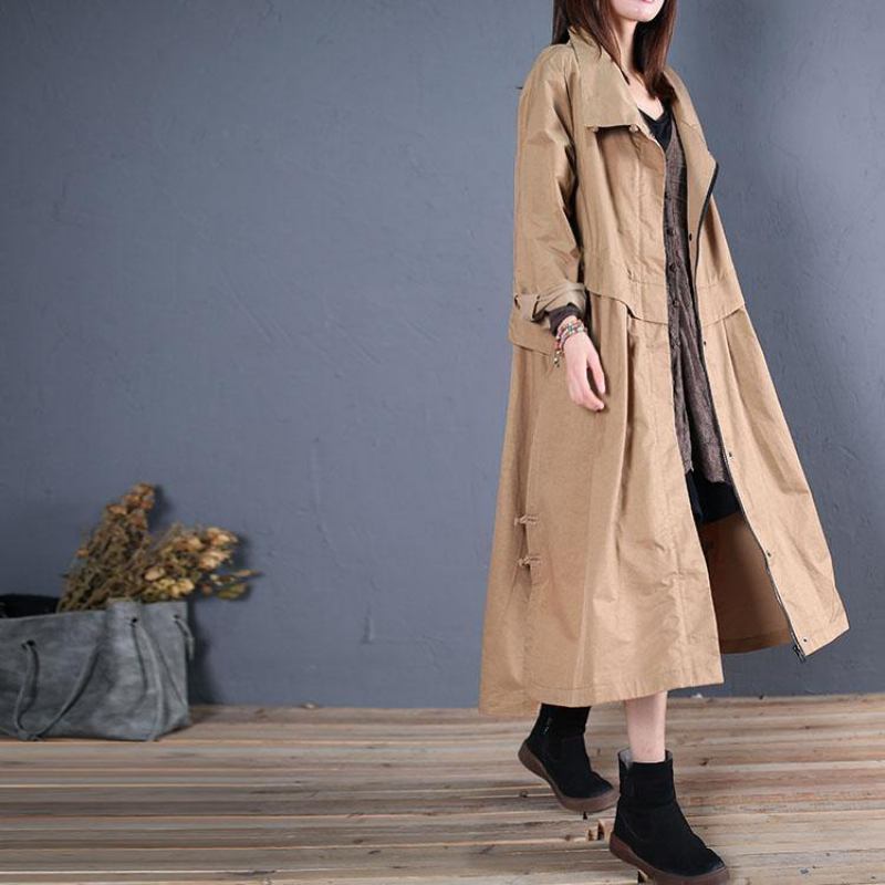 Feine Plus Größe Lange Mäntel Herbst Outwear Khaki Seite Öffnen - Damen-Trenchcoats