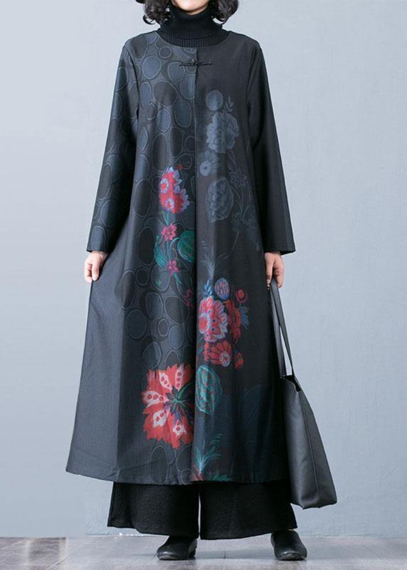 Feine Schwarze Drucke Mantel Trendige Plus Größe Lange Jacken Herbst Trenchcoats Chinese Button