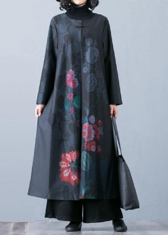 Feine Schwarze Drucke Mantel Trendige Plus Größe Lange Jacken Herbst Trenchcoats Chinese Button