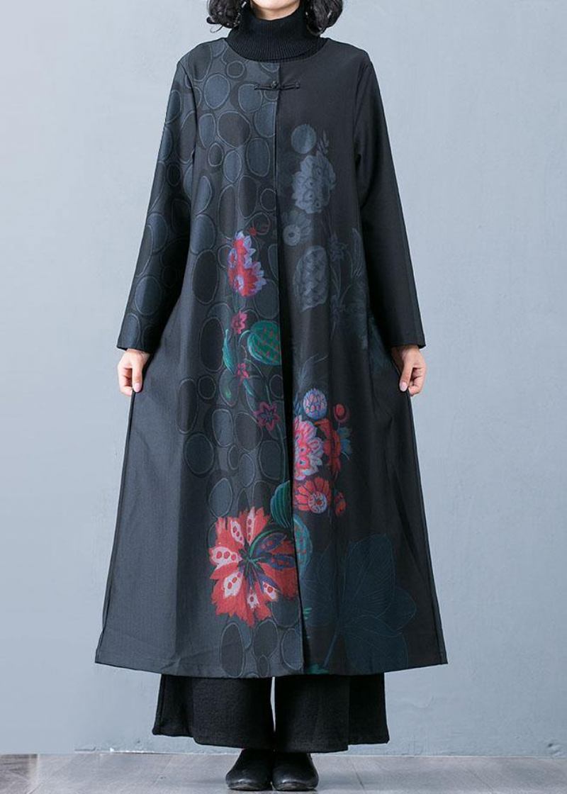 Feine Schwarze Drucke Mantel Trendige Plus Größe Lange Jacken Herbst Trenchcoats Chinese Button - grün