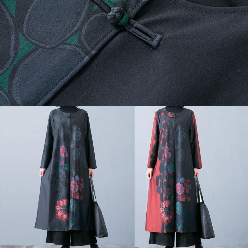 Feine Schwarze Drucke Mantel Trendige Plus Größe Lange Jacken Herbst Trenchcoats Chinese Button - grün