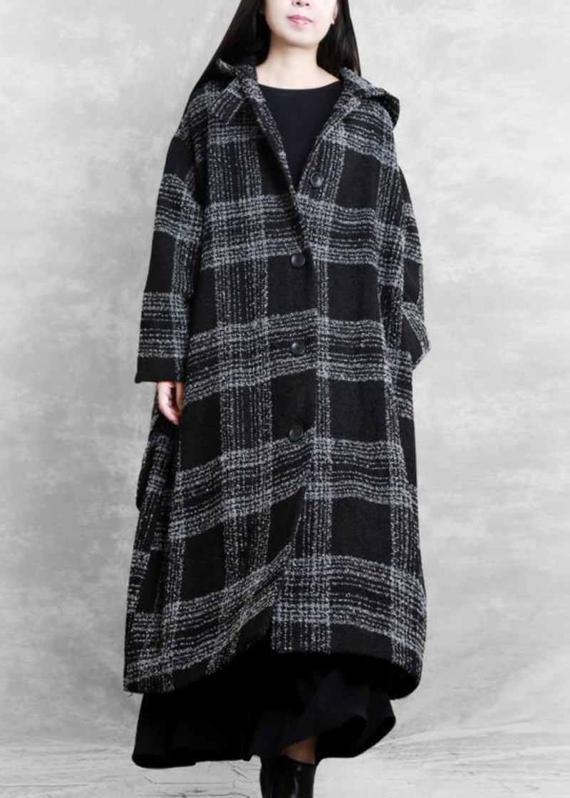 Feine Übergrößenkleidung Wintermantel Oberbekleidung Schwarz Kariert Mit Kapuze Patchwork Wollmäntel - Damen-Trenchcoats