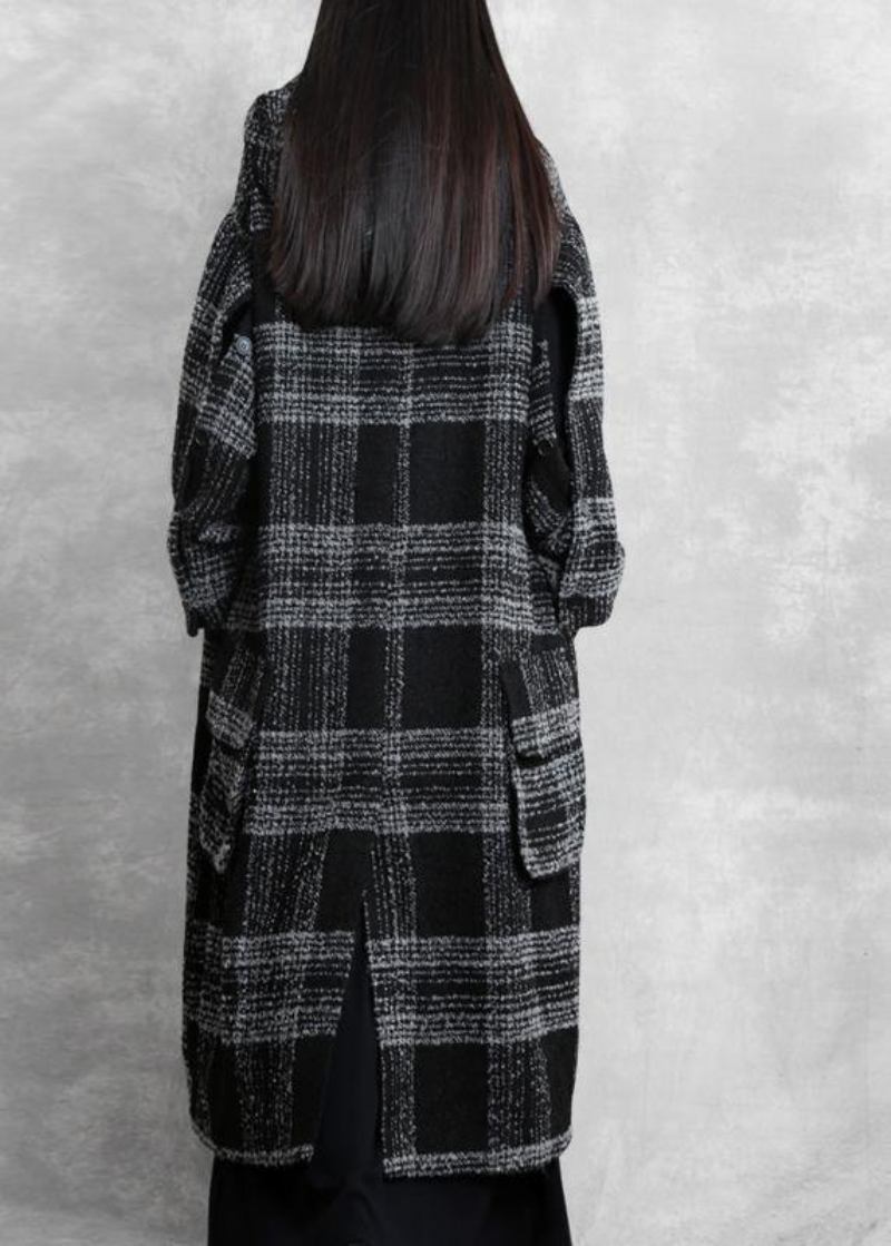 Feine Übergrößenkleidung Wintermantel Oberbekleidung Schwarz Kariert Mit Kapuze Patchwork Wollmäntel - Damen-Trenchcoats