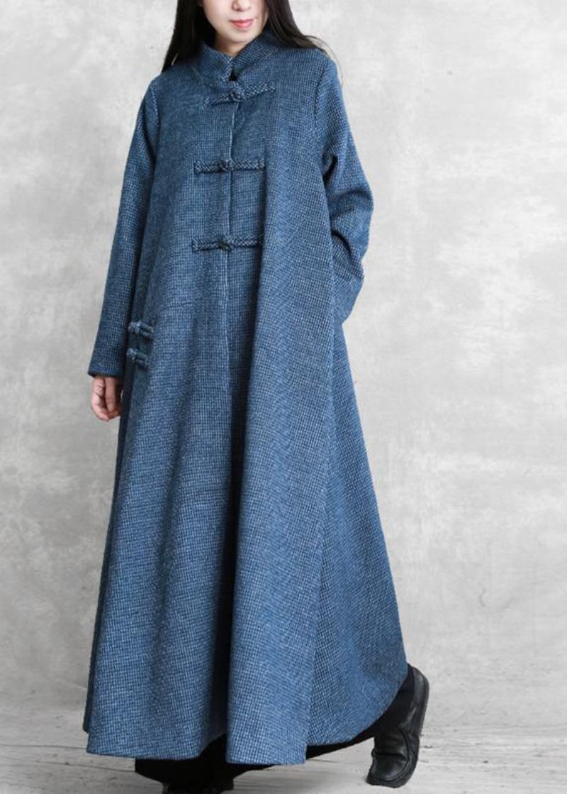 Feiner Blauer Wollmantel Locker Sitzender Stehkragen Chinesischer Knopf Lange Mäntel - Damen-Trenchcoats