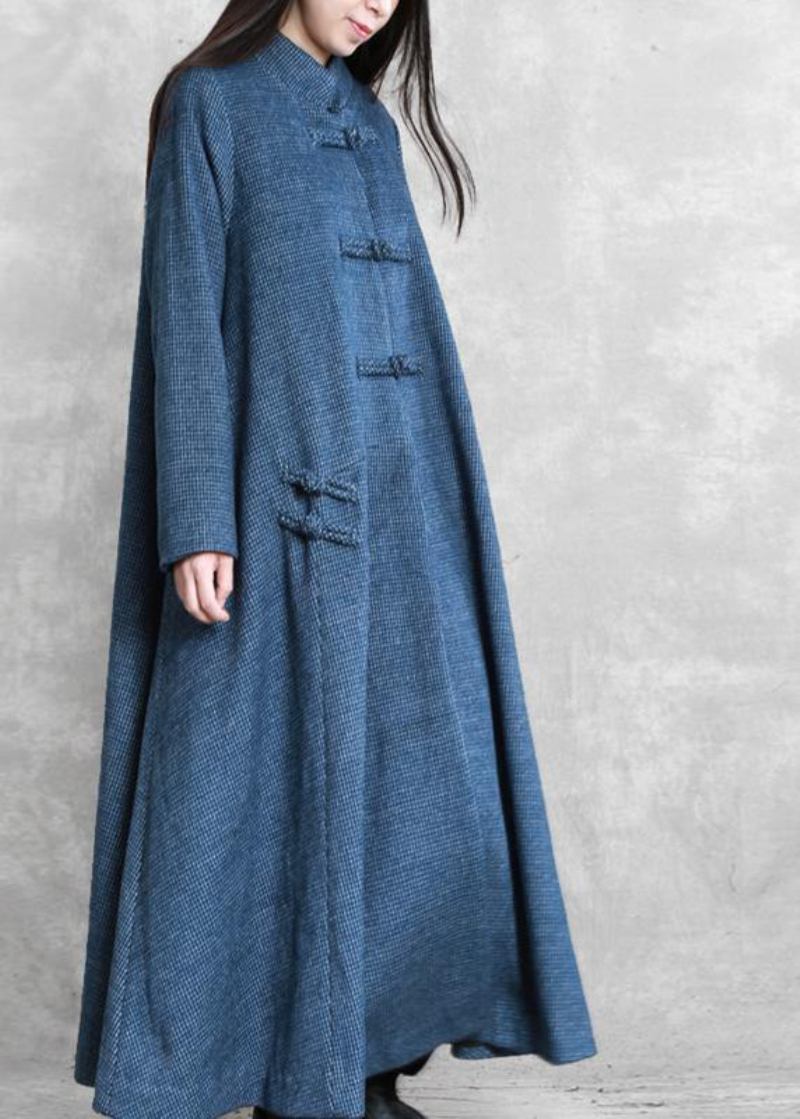 Feiner Blauer Wollmantel Locker Sitzender Stehkragen Chinesischer Knopf Lange Mäntel - Damen-Trenchcoats