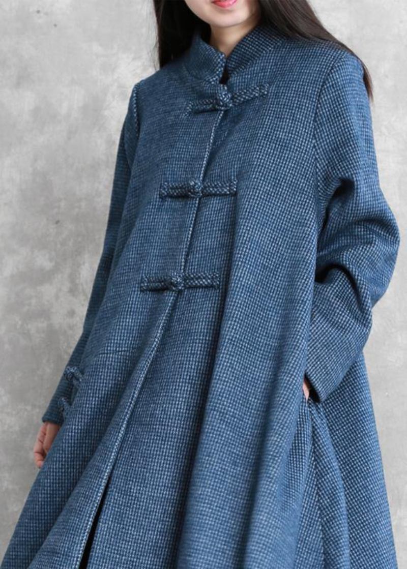 Feiner Blauer Wollmantel Locker Sitzender Stehkragen Chinesischer Knopf Lange Mäntel - Damen-Trenchcoats